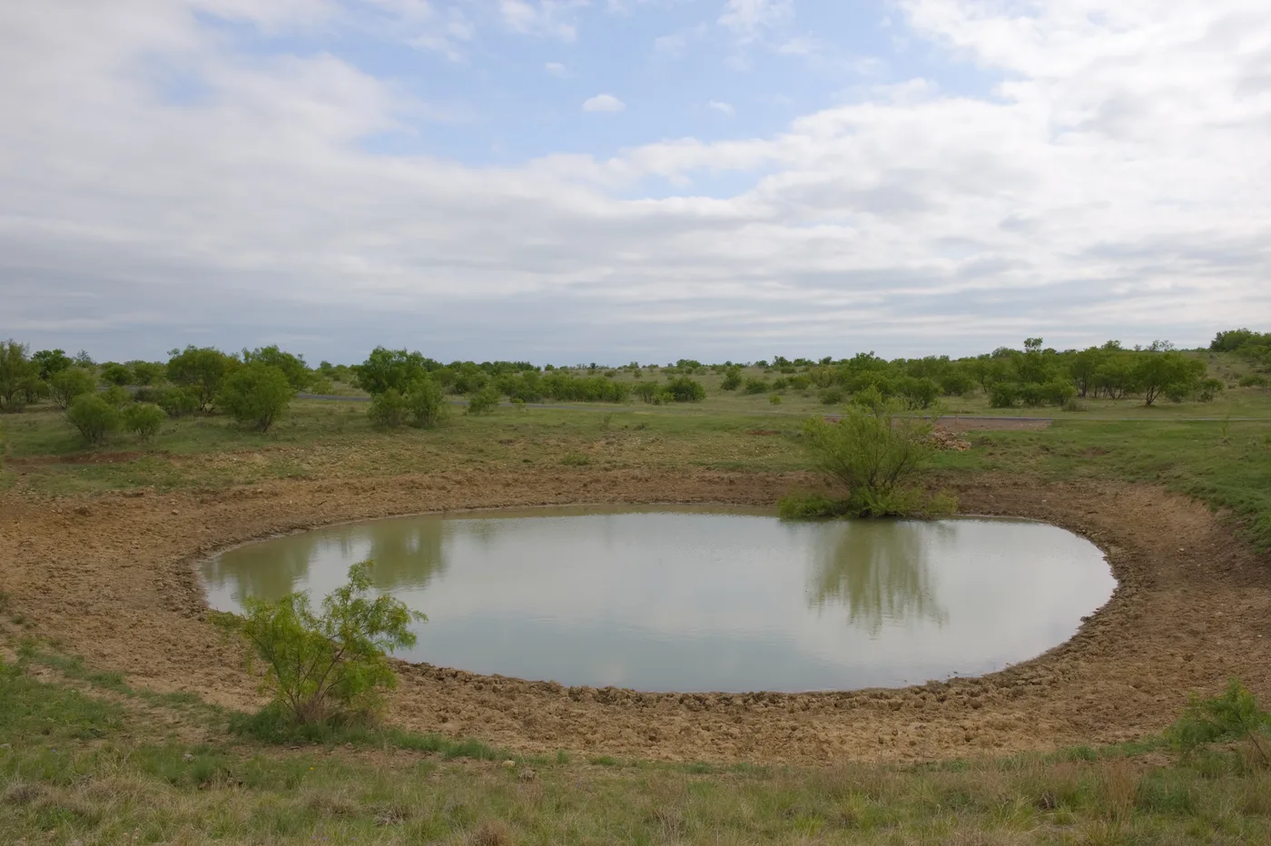 A ranch stock pond in Albany, Texas with a wide bare drawdown ring around the waterline showing how far the water level has fallen below the pond's full capacity