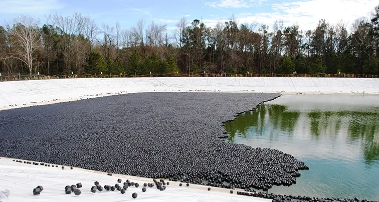 Rhombo Hexoshield tiles covering half a pond, contrasting the covered surface with green open water